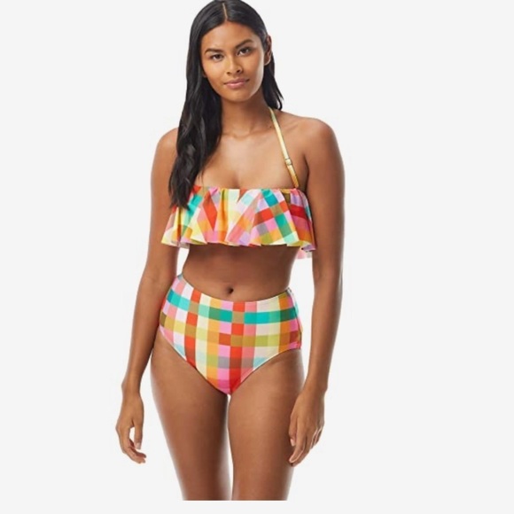 Kate Spade Garden Plaid Ruffled Bandeau Bikini Top - Picture 2 of 5